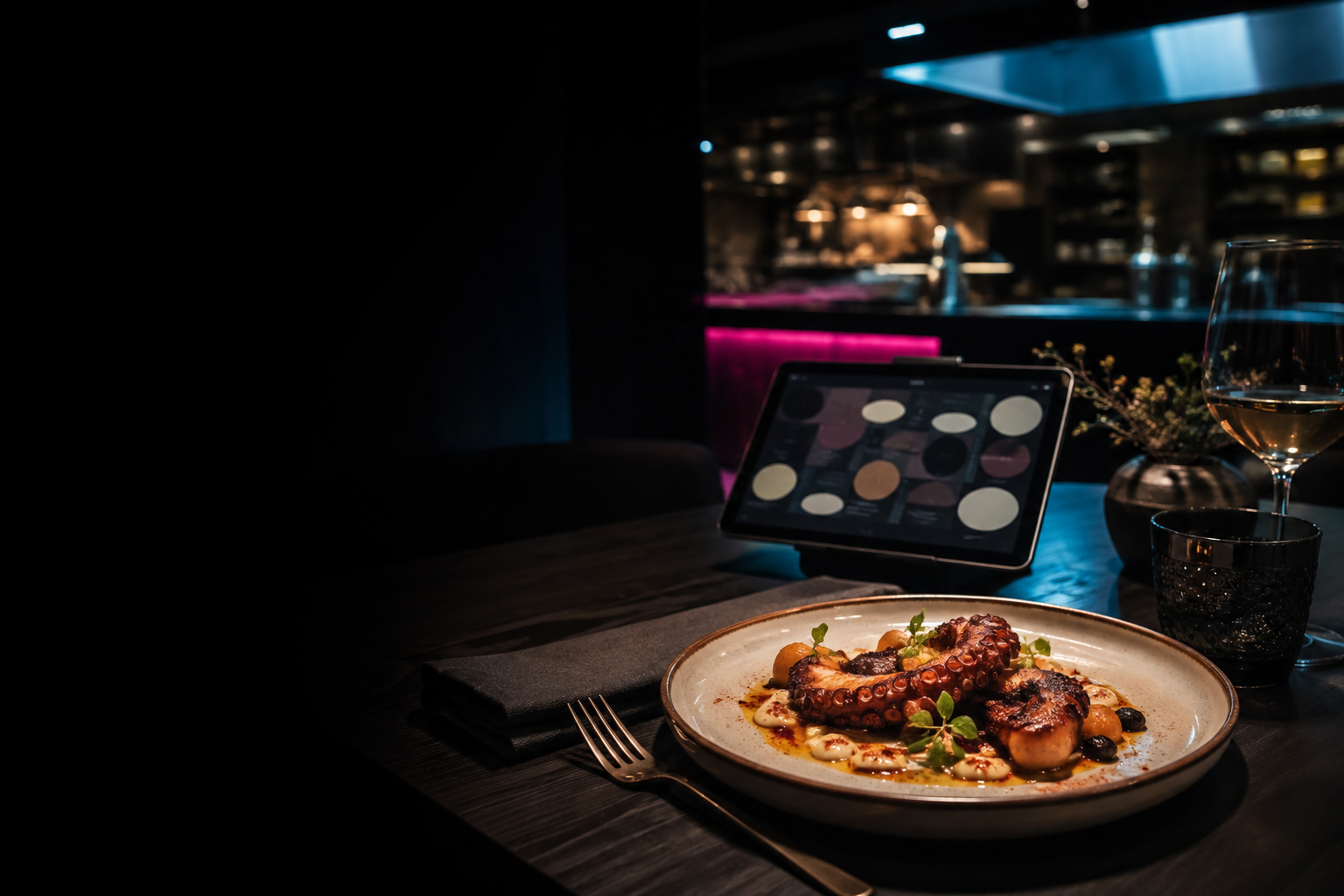 Plato gastronómico junto a una carta digital en un restaurante