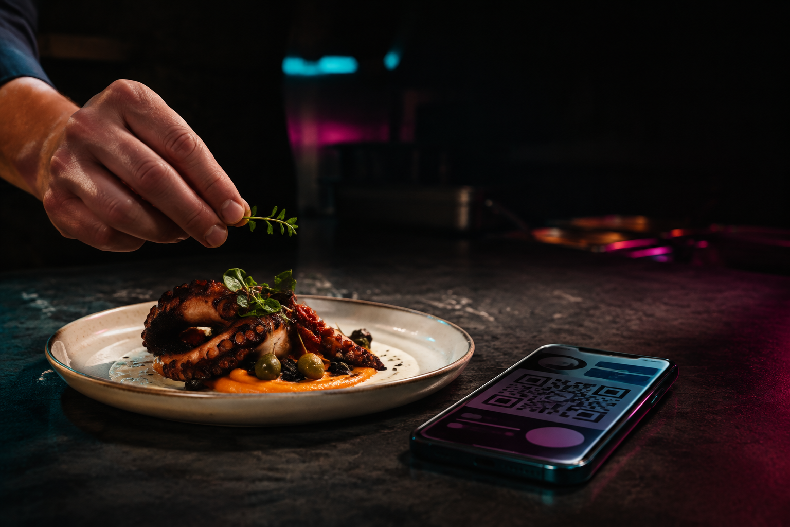 Chef termina un plato junto a un móvil con carta mediante código QR